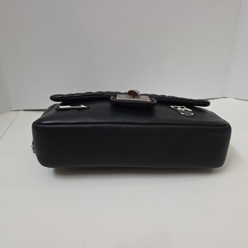 Karl Lagerfeld Paris Quilted Shoulder Bag Black Leather Chain Strap Patch Purse - Picture 6 of 12